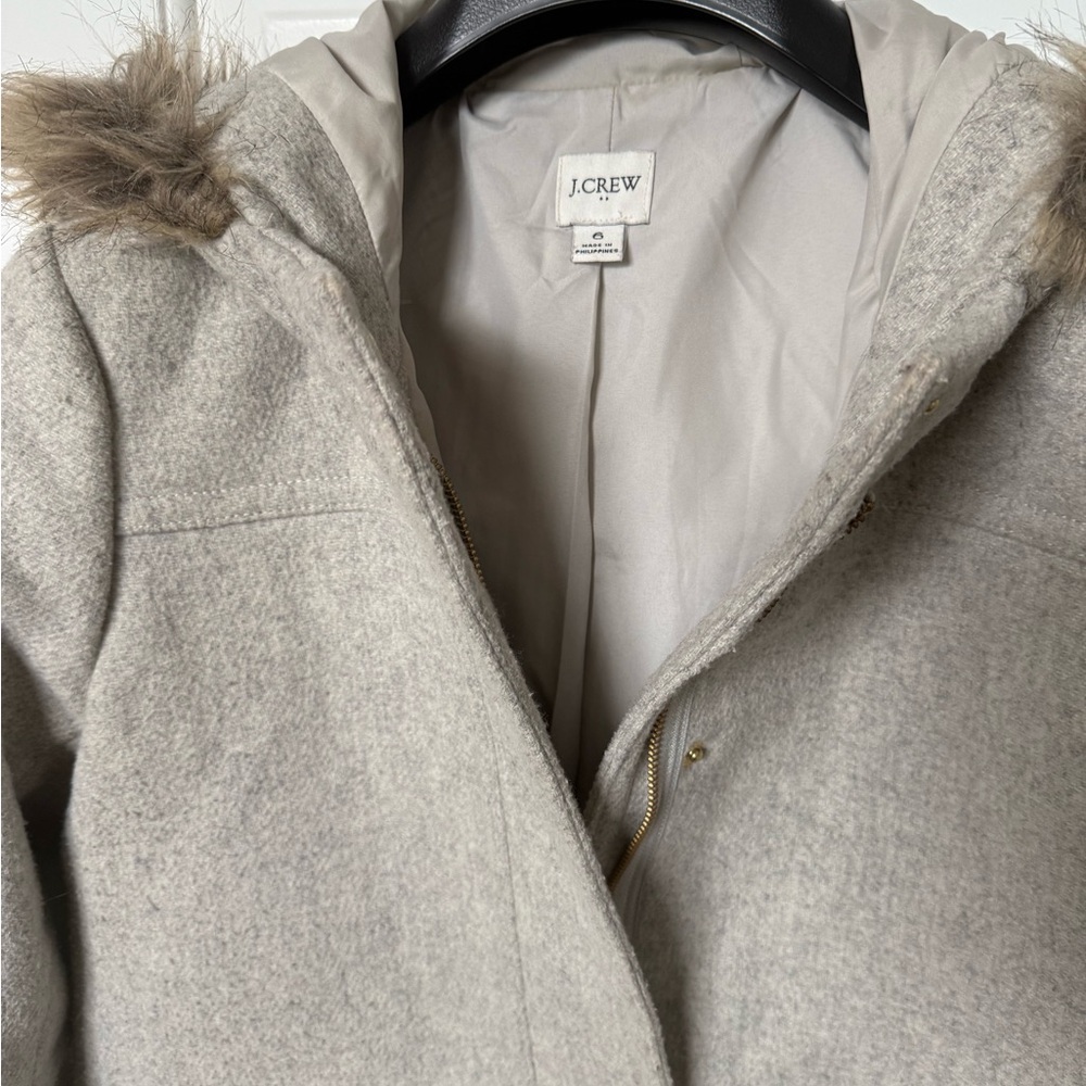 J. Crew Light Gray Wool-Blend Trench Coat with Faux-Fur Hood - Picture 4 of 5
